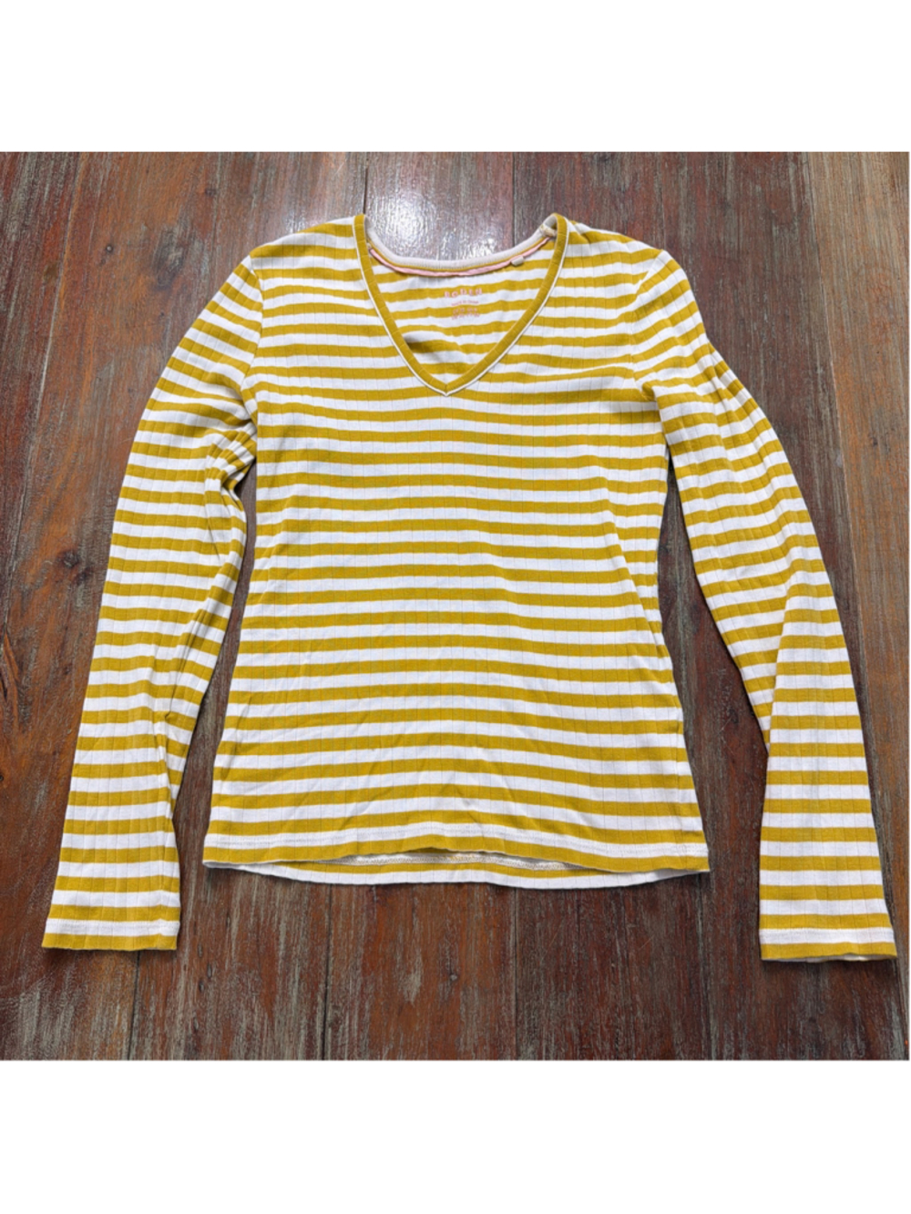 Boden Mustard Yellow White Striped Ribbed V-Neck Long Sleeve Top Sz US 6 / UK 10